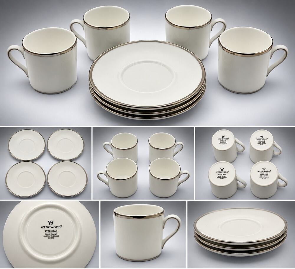 Wedgwood Sterling Bone China 4 Cups & Saucers Platinum Trim England 1999